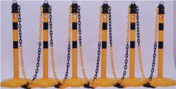 NW Sperrpfostenset PU gelb/schwarz m.Sechskantfuß D63xH1000mm 6 Pfosten u.5 Ketten (9000480221)