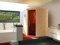 Weka Elementsauna Kiruna Eck 1 mit Glastür 144x144 cm mit Bio Ofen